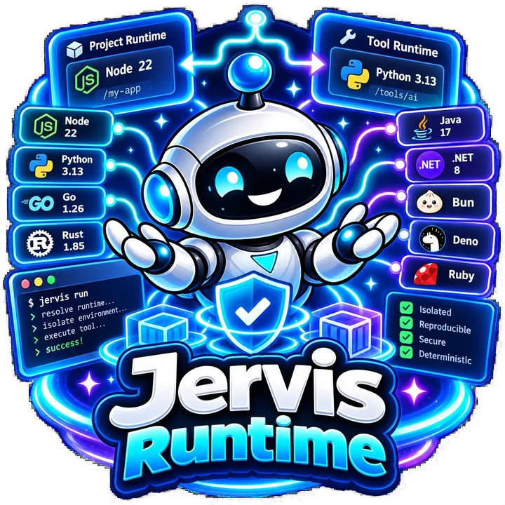 Jervis Runtime mascot routing a Node 22 project runtime and a Python 3.13 tool runtime side by side